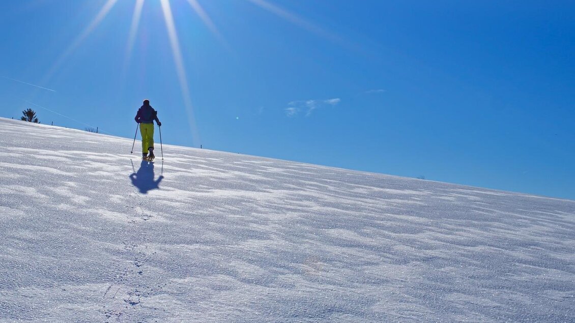 Eine Person wandert auf einer schneebedeckten Fläche. Der Himmel ist klar und die Sonne strahlt hell. | © Pixabay