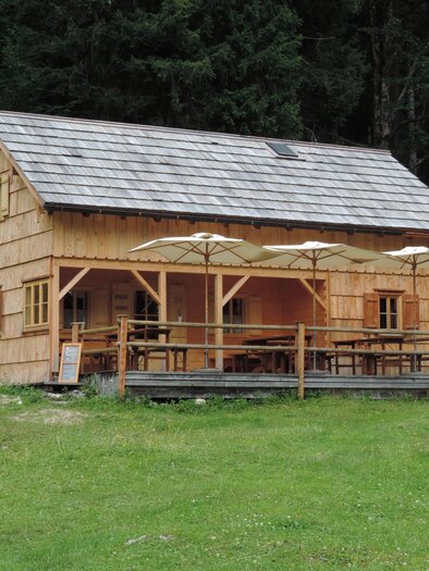 A cozy wooden house with a terrace and sun umbrellas. It is surrounded by green meadows and trees. | © Gertraud Kalss