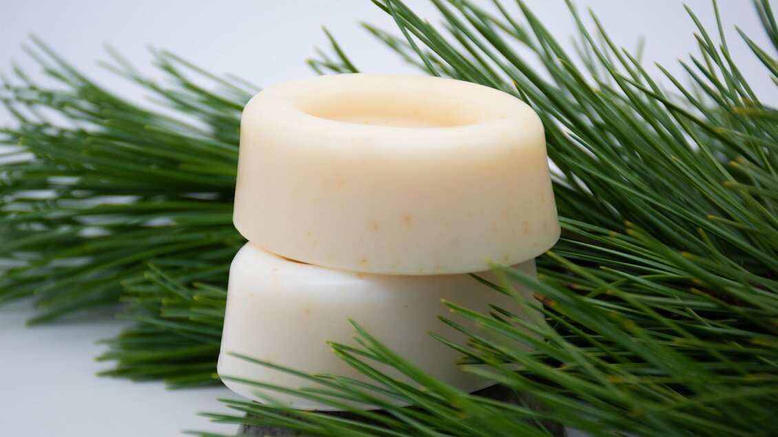 Zwei Seifenstücke liegen auf frischen Tannenzweigen. Die Seifen haben eine helle, cremefarbene Oberfläche. | © lela. Design Studio