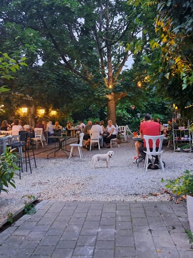 Guests in the evening-lit garden of the restaurant Simply Greek Graz with trees and lights. | © Galghoura