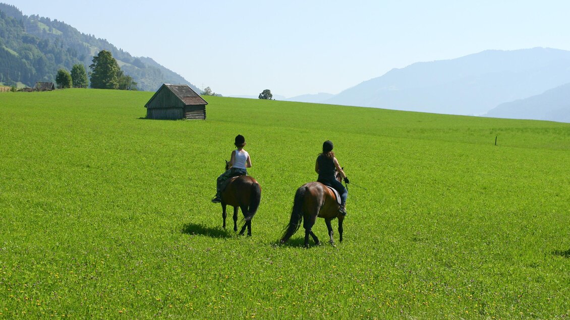 Zwei Personen reiten auf Pferden über eine grüne Wiese. Im Hintergrund sind Hügel und ein kleines Holzhaus zu sehen. | © Bärenwirt