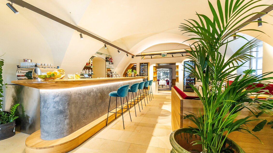 Eine elegante Bar mit einer modernen Theke und stilvollen Barhockern. Der Raum ist hell erleuchtet und mit Pflanzen dekoriert. | © Stammtisch - Paul Stajan