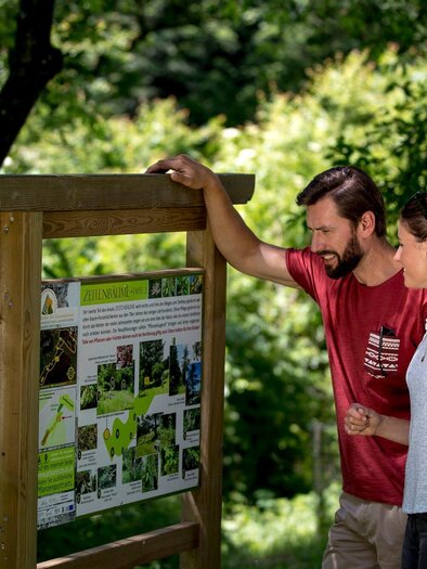 A couple is looking at an information board outdoors. The surroundings are green and sunny, ideal for a trip into nature. | © Region Graz - Tom Lamm