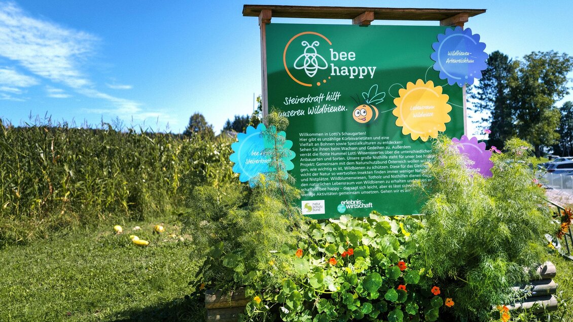 Ein grünes Schild mit dem Schriftzug "bee happy" steht vor einem Feld. Um das Schild herum wachsen bunte Blumen und Pflanzen. | © Steirerkraft