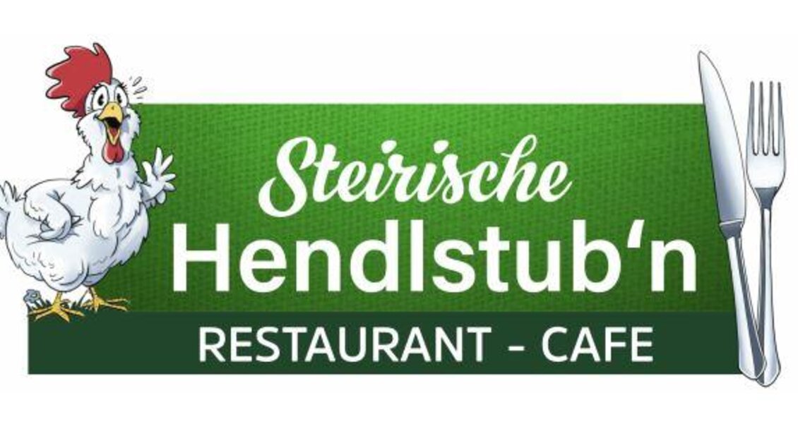 Ein fröhliches Restaurant-Logo mit einem Huhn und Besteck. Der Schriftzug zeigt "Steirische Hendlstub'n" und deutet auf ein Restaurant und Café hin. | © Steirische Hendlstub'n