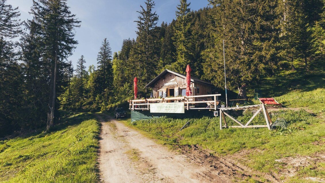 Eine gemütliche Berghütte umgeben von hohen Bäumen. Der Weg zur Hütte ist grün und einladend. | © Krewenka