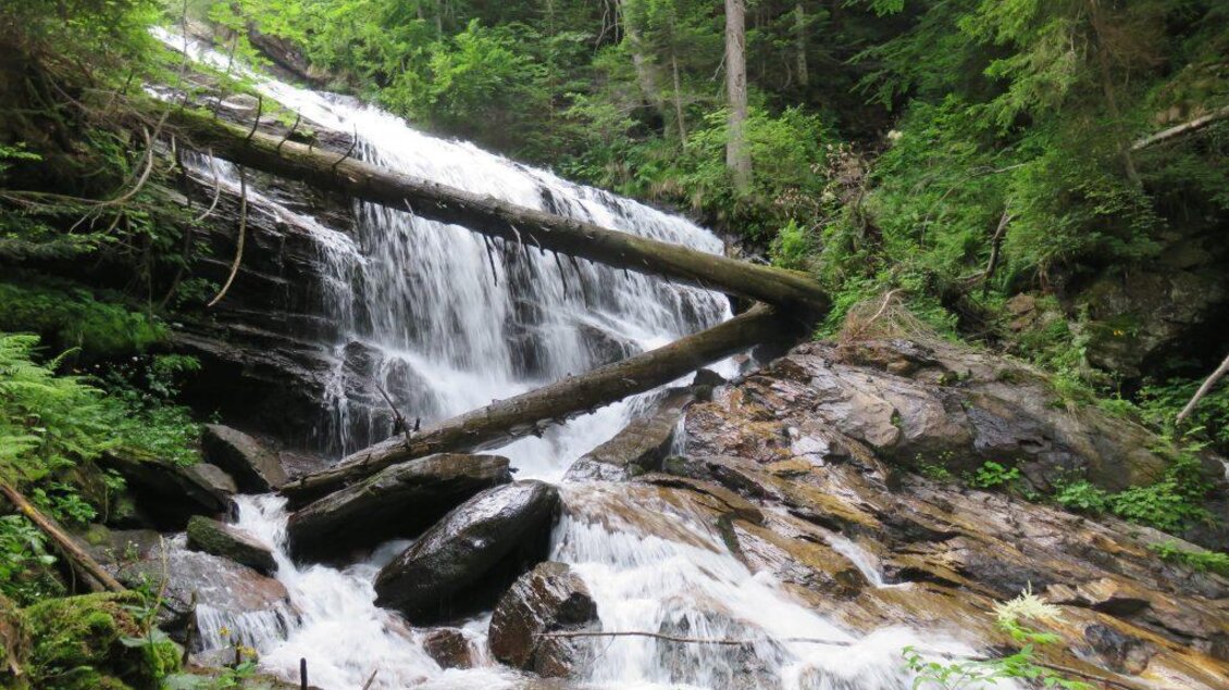 Ein schöner Wasserfall, der über große Steine fließt. Umgeben von üppigem, grünem Wald. | © Sulmwasserfall