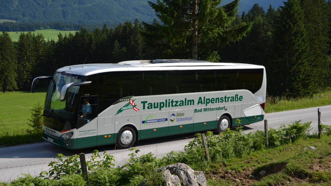 Ein Reisebus fährt auf einer ruhigen Landstraße in den Bergen. Rundherum gibt es viel grüne Natur und Wälder. | © Tauplitzalm Alpenstraße GmbH & KG