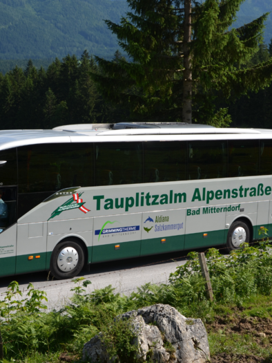 A tour bus is driving on a quiet country road in the mountains. There is plenty of green nature and forests all around. | © Tauplitzalm Alpenstraße GmbH & KG
