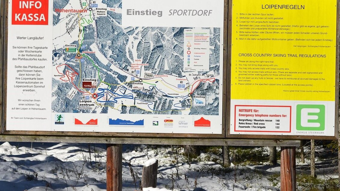 Ein Informationsschild für Langlauf in Hohentauern. Es zeigt eine Karte des Gebiets sowie wichtige Hinweise und Regeln für Skifahrer. | © Erlebnisregion Murtal