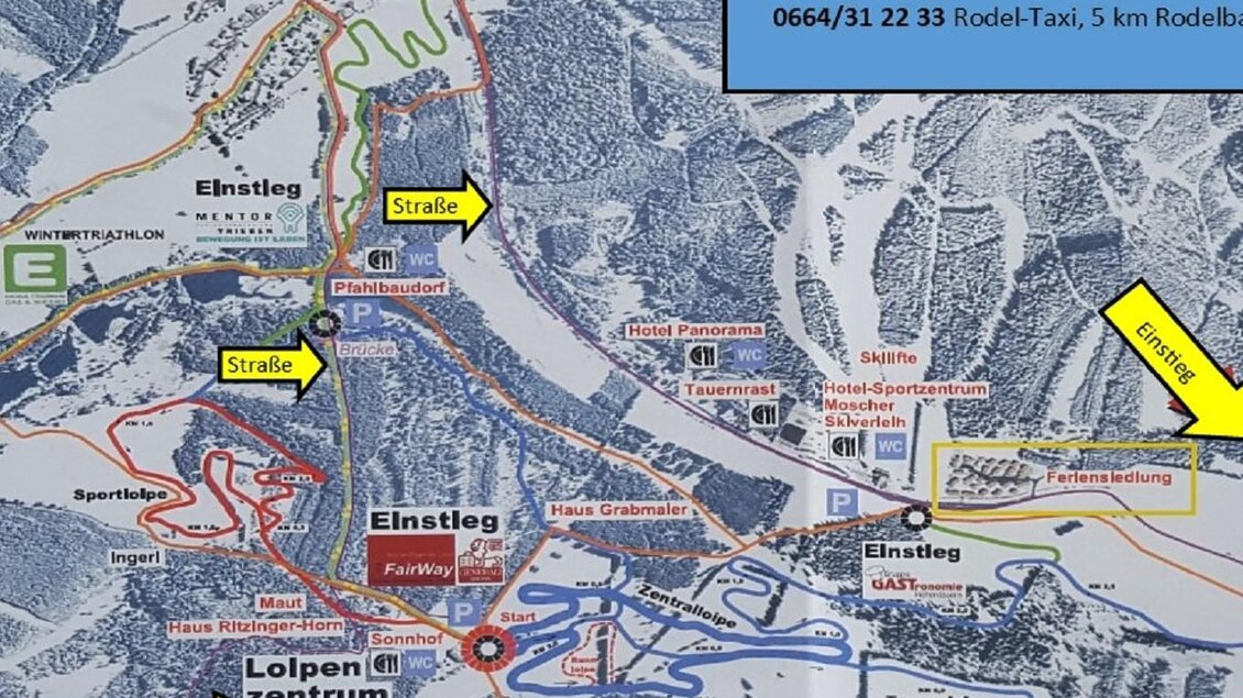 Eine detaillierte Karte des Gebiets um den Berghof mit Straßen, Eingängen und Rodeltaxi-Informationen. Die Karte zeigt die verschiedenen Rodelstrecken und andere wichtige Punkte in der Umgebung. | © Erlebnisregion Murtal