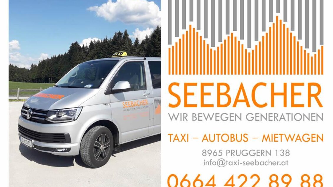 Ein hellgraues Taxi mit der Aufschrift "SEEBACHER" steht vor einer malerischen Berglandschaft. Informationen über den Taxi-Service sind auf dem Bild deutlich sichtbar. | © Taxi Seebacher