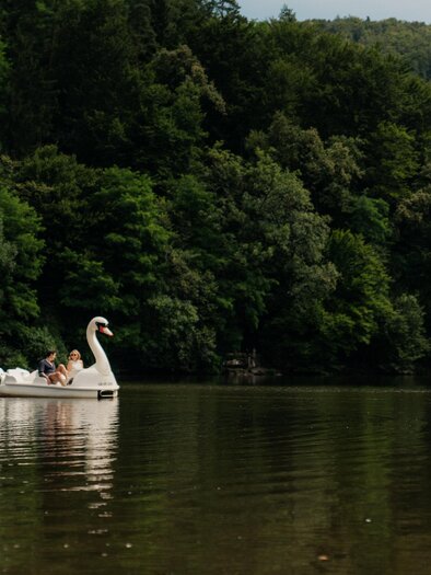 A white swan boat floats calmly on a lake. In the background, densely forested hills can be seen. | © (c) Region Graz - studio draussen