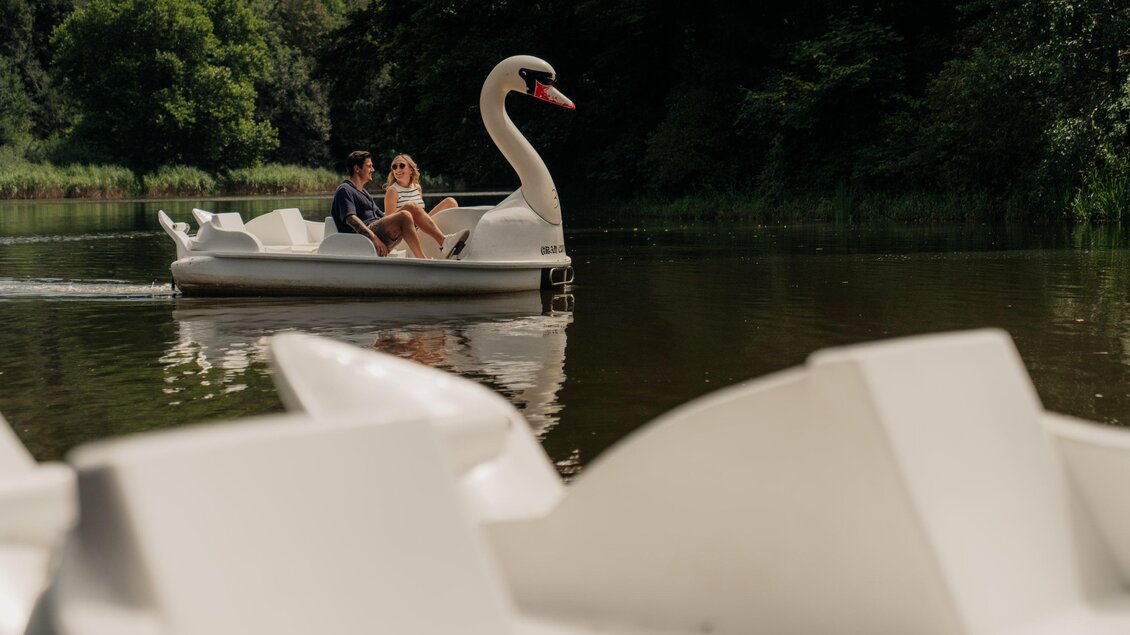 Ein romantisches Pärchen fährt auf einem Schwanenboot auf einem ruhigen Teich. Umgeben von üppigem Grün und einer friedlichen Atmosphäre. | © (c) Region Graz - studio draussen