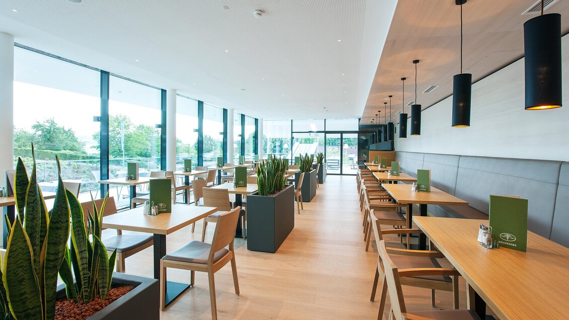 Ein modernes Restaurant mit hellen Holzoberflächen und großen Fenstern. Es gibt viele Tische mit Pflanzen in den Ecken. | © Eisenberger