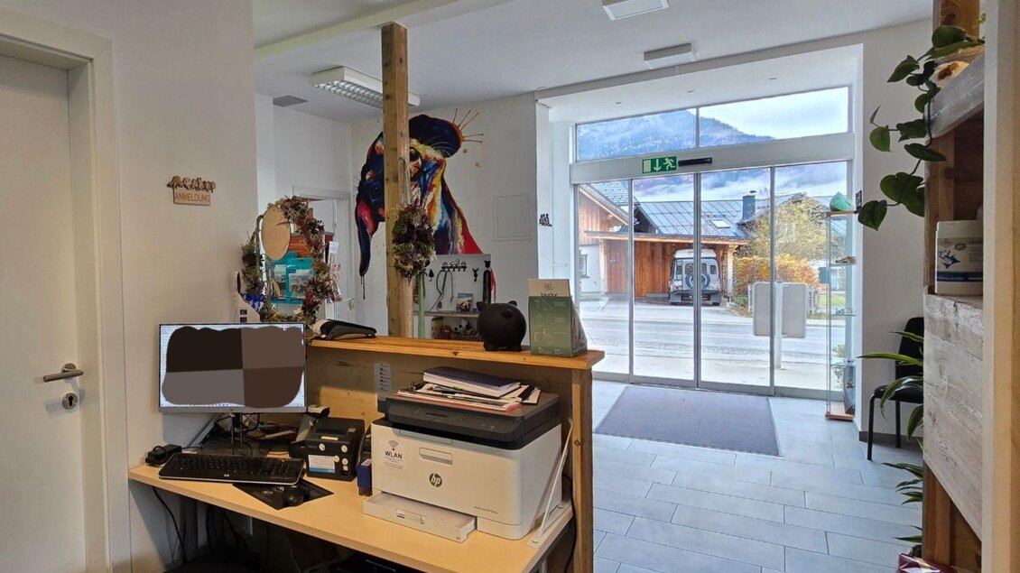 Ein Empfangsbereich mit einem Schreibtisch, einem Computer und Pflanzen. Durch große Fenster ist der Außenbereich mit Sicht auf Gebäude und Natur sichtbar. | © Stephanie Bor
