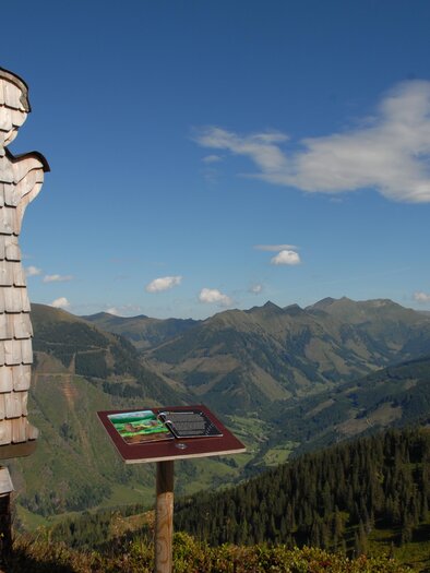 A unique viewpoint with a wooden structure overlooking the mountains. In the background, green valleys stretch out and a clear sky. | © Riesneralm