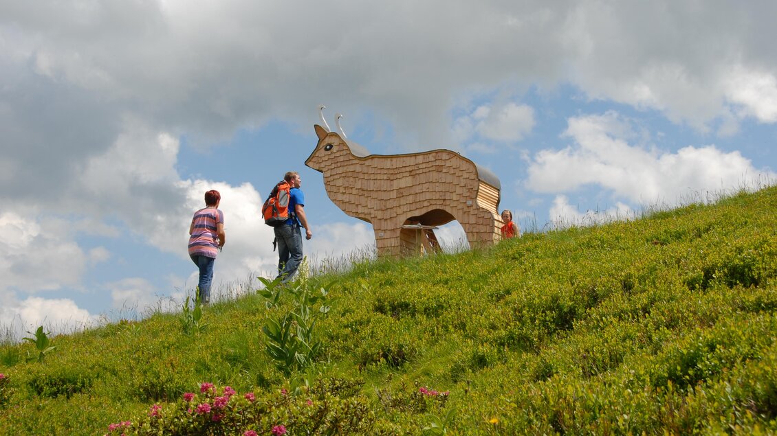 Eine Gruppe von Wanderern steht auf einem Hügel und betrachtet eine große Holzskulptur eines Rehs. Der Himmel ist bewölkt und die Landschaft ist grün und blühend. | © Erwin Petz