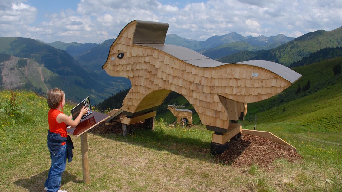 Ein Kind steht vor einer großen, kunstvollen Holzskulptur eines Tieres in der Natur. Im Hintergrund sind grüne Hügel und ein blauer Himmel zu sehen. | © Erwin Petz