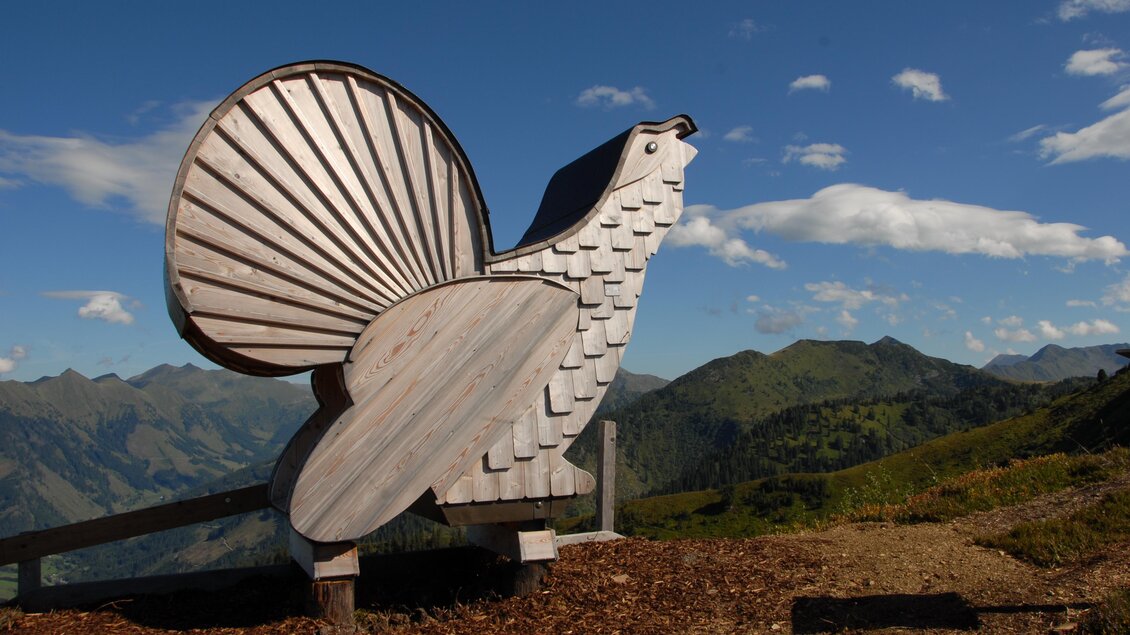 Eine große Holzskulptur eines Vogels steht auf einem Berg mit hügeliger Landschaft im Hintergrund. Der Himmel ist blau mit wenigen Wolken. | © Riesneralm