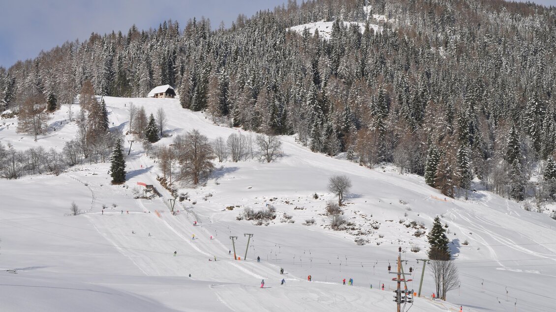 Eine schneebedeckte Landschaft mit einem Waldbereich im Hintergrund. Im Vordergrund sind Skipisten und einige Menschen beim Skifahren zu sehen. | © Tourismusverband Murau
