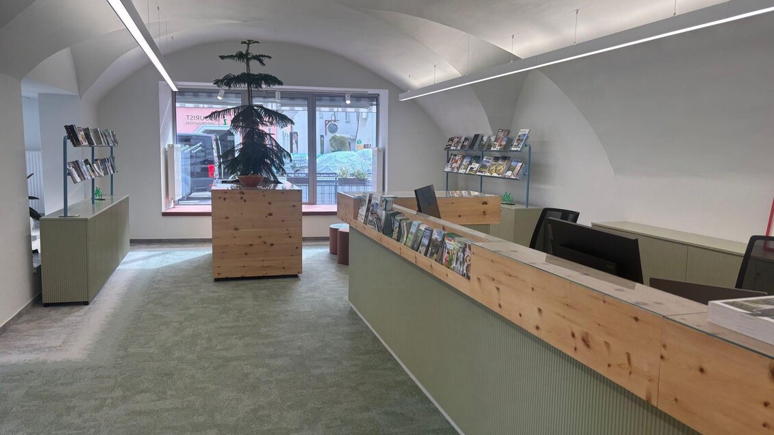 Ein moderner Empfangsbereich mit grünen Wänden und Holzoberflächen. Im Hintergrund steht ein kleiner Baum, und es gibt Regale mit Informationsmaterialien. | © Selina Senf