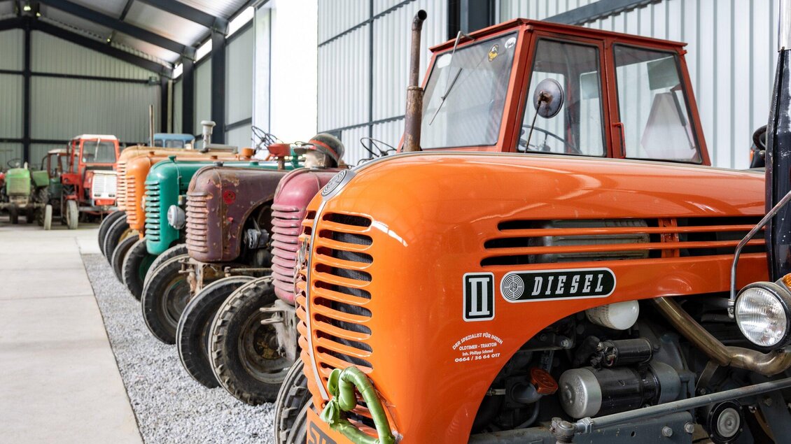 Eine Reihe von Oldtimer-Traktoren in einer Ausstellungshalle. Die Traktoren sind in verschiedenen Farben und gut gepflegt. | © TV Region Graz-Harry Schiffer
