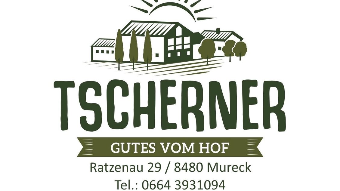 Ein Logo mit dem Namen "Tscherner" und dem Slogan "Gutes vom Hof". Darunter sind Kontaktdaten und eine Adresse aufgeführt.