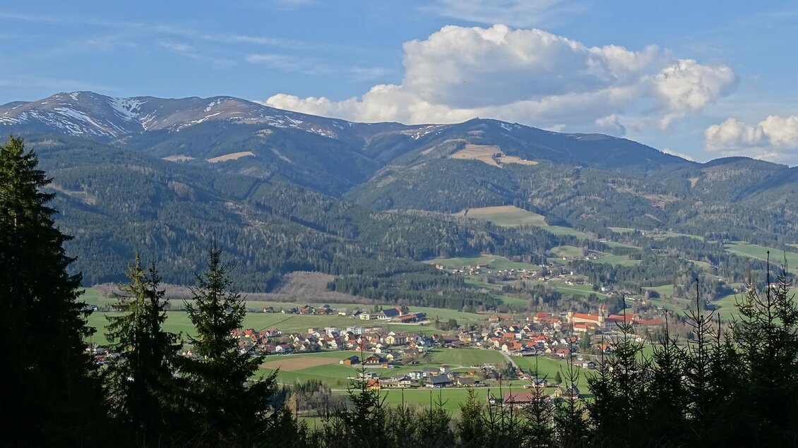 Eine malerische Berglandschaft mit schneebedeckten Gipfeln und einem grünen Tal. Im Vordergrund liegt ein kleines Dorf mit bunten Häusern. | © Anita Fössl