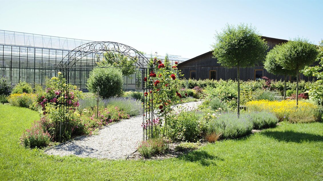 Ein schöner Garten mit bunten Blumen und gut gestalteten Wegen. Im Hintergrund sind Gewächshäuser und ein Holzgebäude zu sehen. | © Versuchsstation für Spezialkulturen