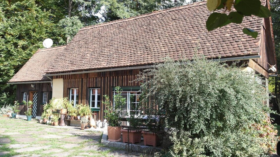 Ein gemütliches Holzhaus umgeben von Gartenpflanzen und Bäumen. Der Außenbereich hat eine unberührte, natürliche Atmosphäre. | © Vinariat Maier