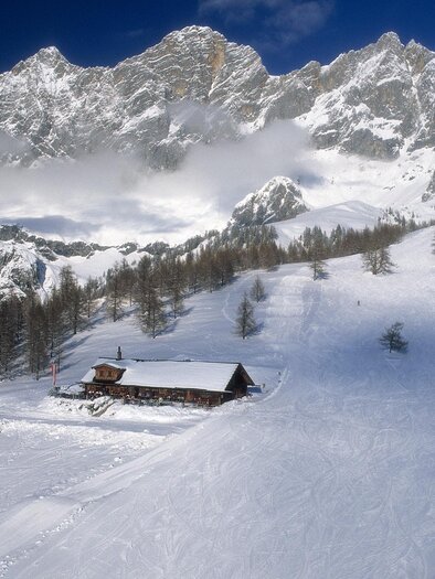 A snow-covered landscape with majestic mountains in the background. In the foreground stands a small cabin, surrounded by a winter paradise. | © Raffalt