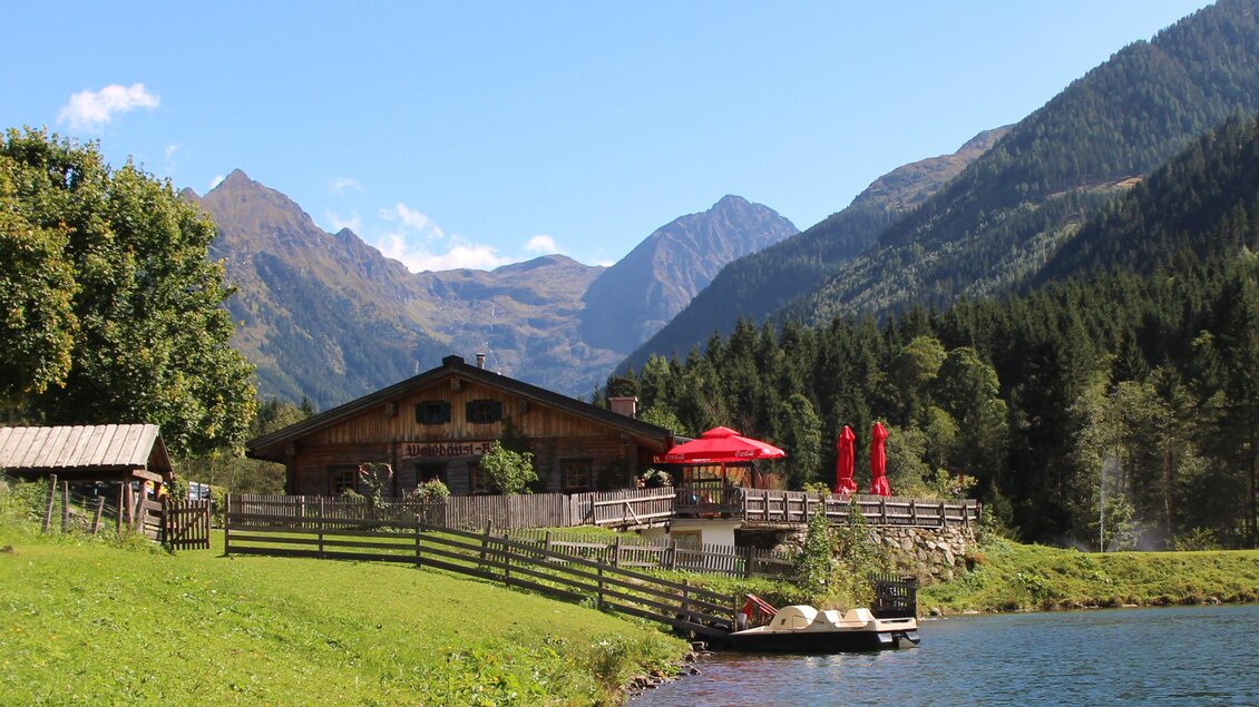 Eine malerische Berglandschaft mit einem klaren See. Im Vordergrund steht eine gemütliche Hütte mit roten Sonnenschirmen. | © Waldhäuslalm