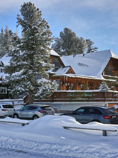 A beautiful house in winter, surrounded by snow-covered trees. Cars are parked along the street on fresh snow. | © Weges