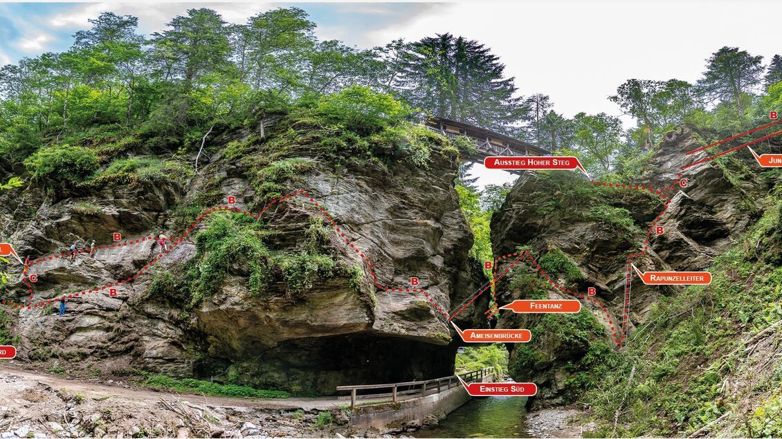 Eine malerische Felslandschaft mit üppigem Grün und einer kleinen Wasserstelle. Die Felsen sind hoch und von Bäumen umgeben. | © Tourismusverband Murau