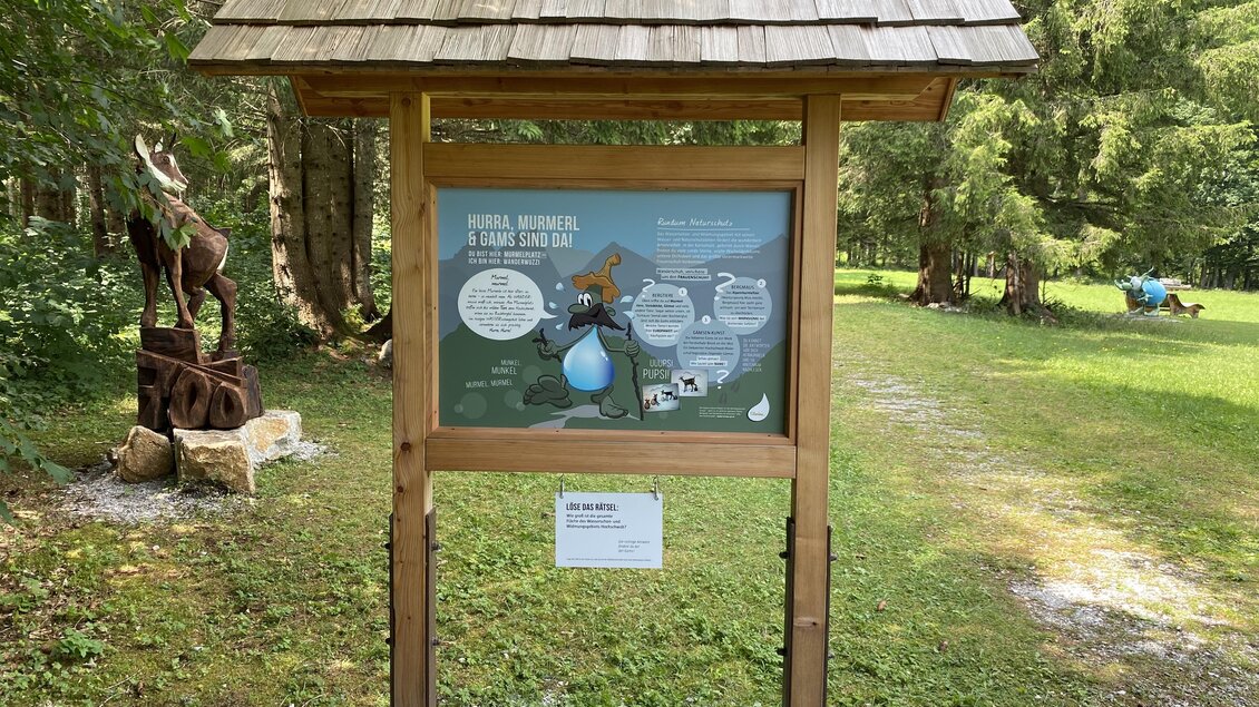 Ein Informationsschild im Freien zeigt eine grafische Darstellung über Wasser. Im Hintergrund sind Bäume und eine Skulptur zu sehen.