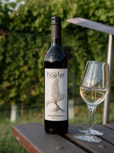 A bottle of wine is standing next to a wine glass on a table. In the background, grapevines can be seen.