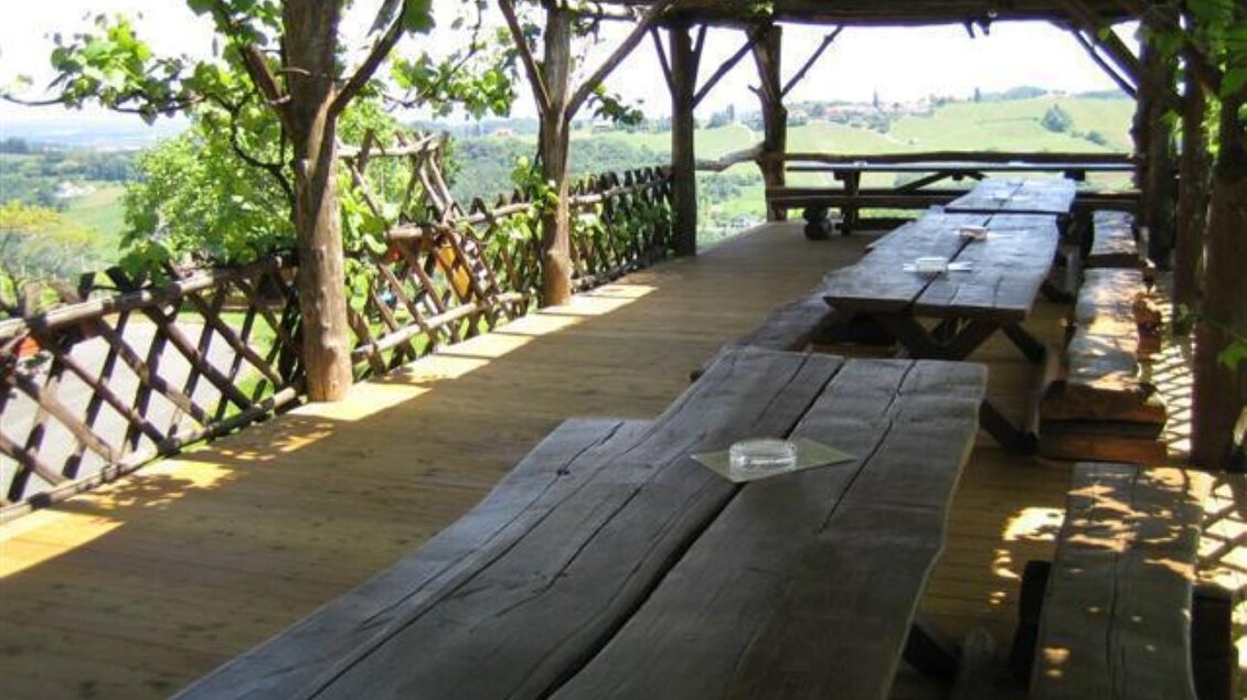 Eine überdachte Terrasse mit langen Holztischen und Bänken. Im Hintergrund sind Weinreben und eine malerische Landschaft zu sehen. | © Adam Schererkogl