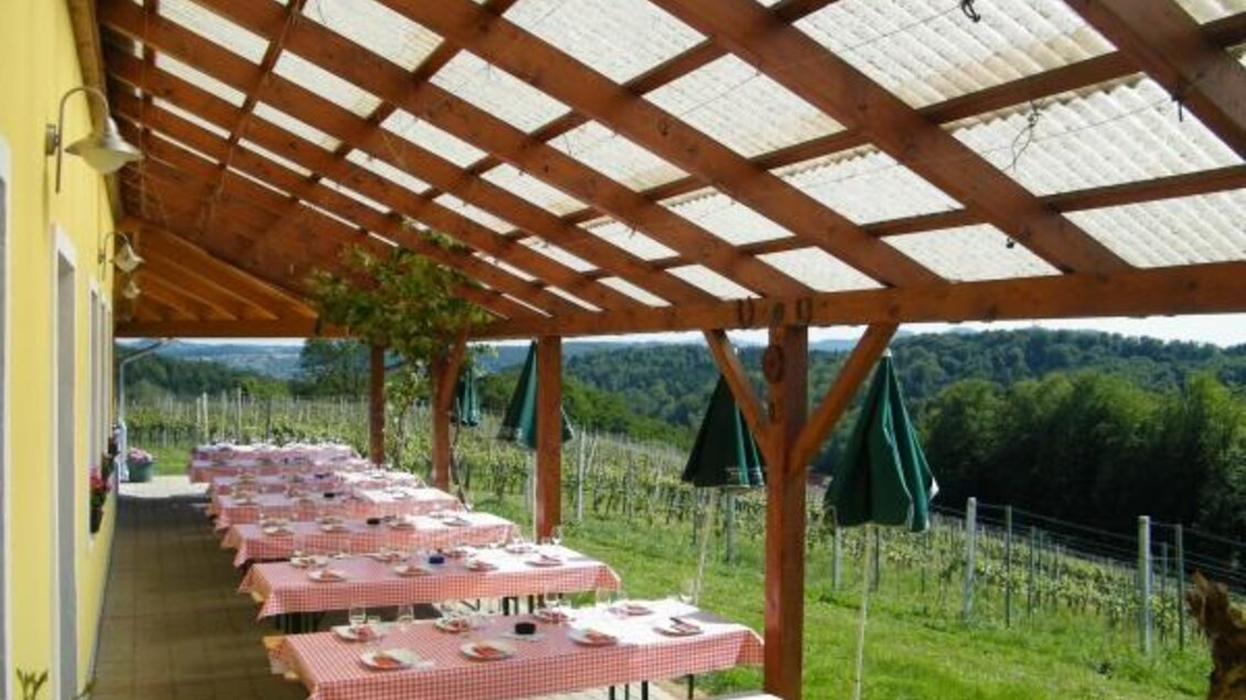 Ein einladender Außenbereich mit Tischen und Stühlen unter einem Holzüberstand. Im Hintergrund sind Weinreben und grüne Hügel zu sehen.