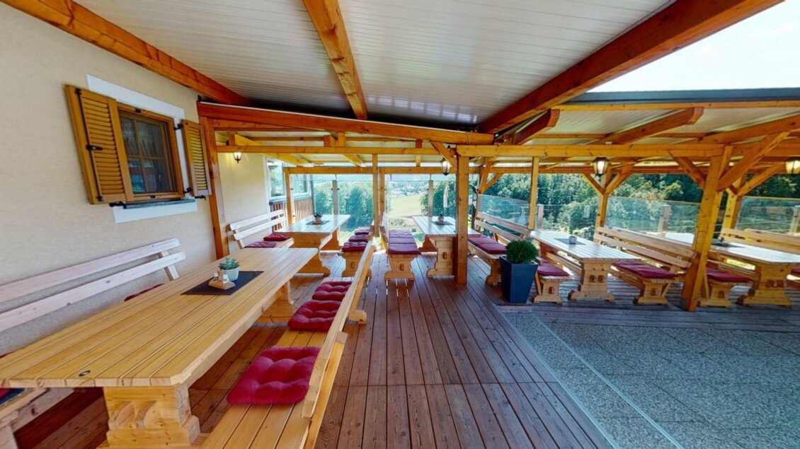 Ein gemütlicher Außenbereich mit Holztischen und Bänken. Die Struktur ist gut beleuchtet und bietet einen schönen Blick auf die Umgebung. | © Familie Haring