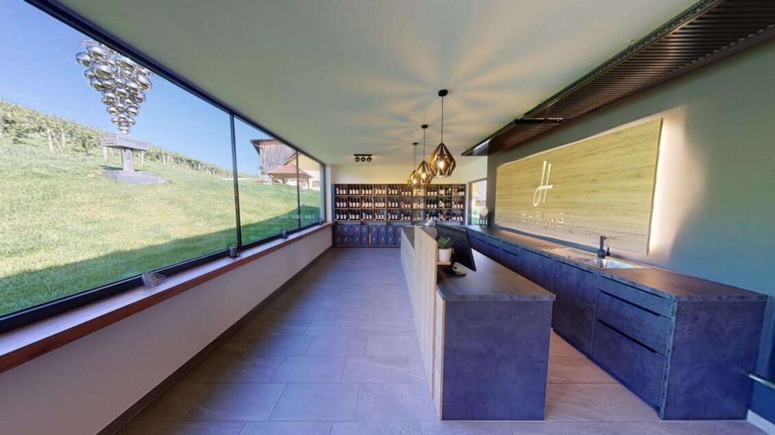 Ein moderner Empfangsbereich mit großen Fenstern und Blick auf die Natur. Die Innenausstattung ist schlicht und elegant, mit einem langen Empfangstresen. | © Familie Haring