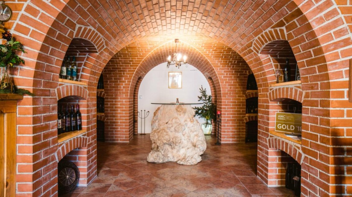 Ein gemütlicher Weinkeller mit roten Ziegelbögen und Holzregalen. In der Mitte steht ein großer, natürlicher Stein und eine grüne Pflanze sorgt für einen Hauch von Natur. | © Riegelnegg