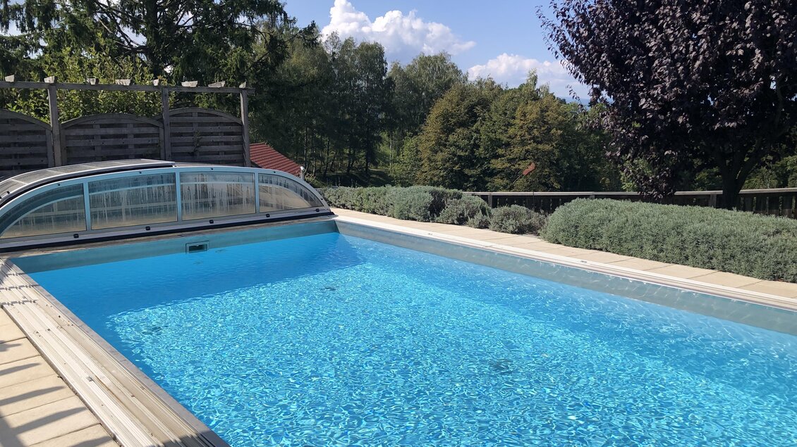 Ein schöner Pool mit klarem, blauem Wasser. Im Hintergrund sind Bäume und eine angenehme Landschaft zu sehen.