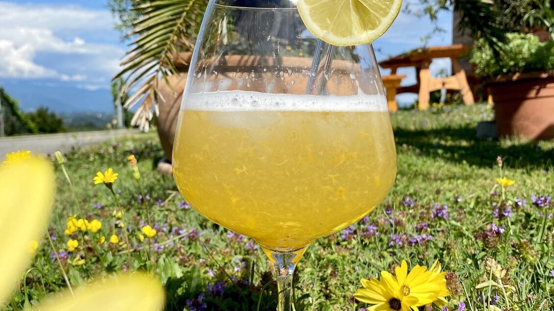 Ein erfrischendes Getränk in einem großen Glas mit einer Zitronenscheibe, das auf bunten Blumen im Gras steht. Im Hintergrund sind grüne Palmen und eine sonnige Landschaft zu sehen.