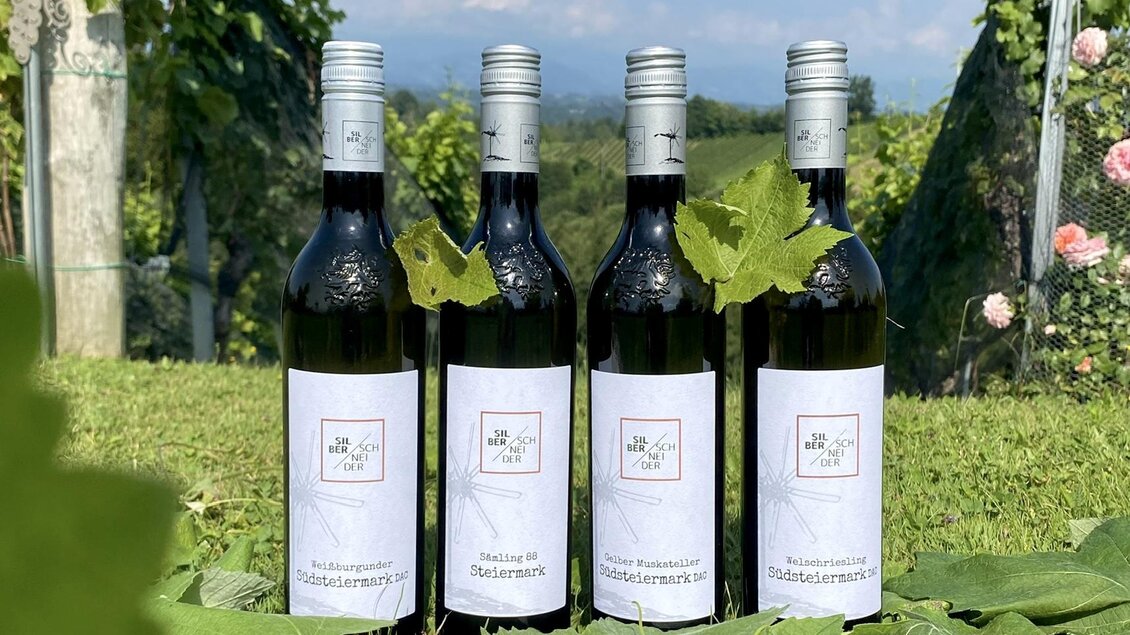 Vier Flaschen Wein stehen auf einer grünen Wiese, umgeben von Weinreben. Im Hintergrund ist ein blauer Himmel mit einigen Wolken zu sehen.