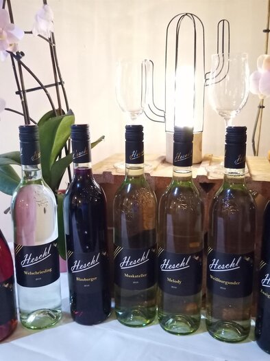 A selection of wine bottles in various colors on a table. In the background, orchids and a decorative lamp are visible. | © Buschenschank Heschl