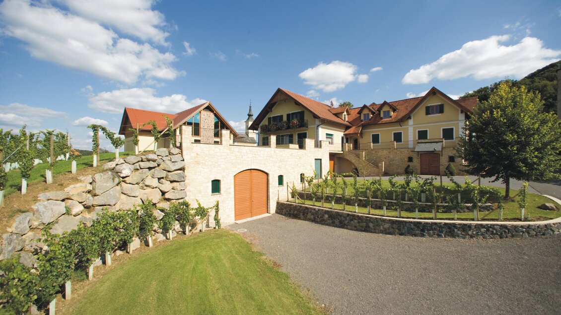 Eine malerische Weinlandschaft mit charmanten Häusern und grünen Weinreben. Der Himmel ist klar und blau, was ein ruhiges Ambiente schafft. | © Weinhof Platzer