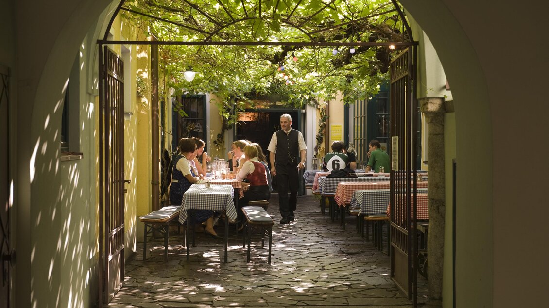 Ein gemütlicher Restaurantbereich mit Tischen unter einer grünen Pergola. Gäste genießen ihre Mahlzeit in einer einladenden Atmosphäre. | © Arkadenhof