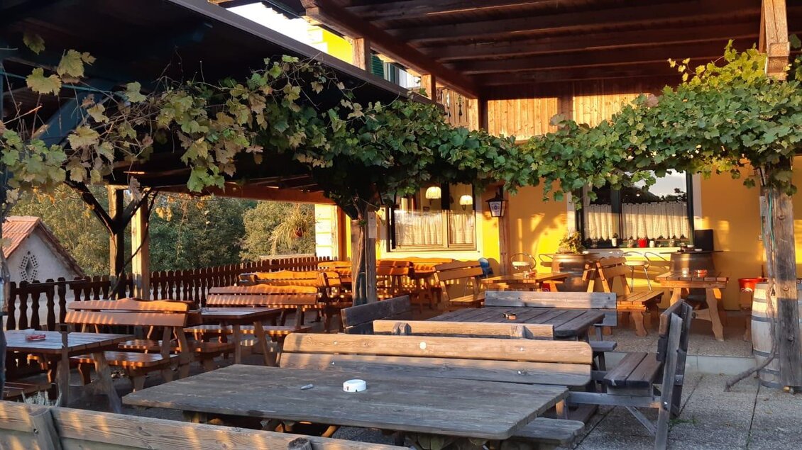 Eine gemütliche Terrasse mit Holztischen und Bänken, umgeben von Weinreben. Der Bereich bietet einen schönen Blick auf die Natur. | © Weinstube Baumann