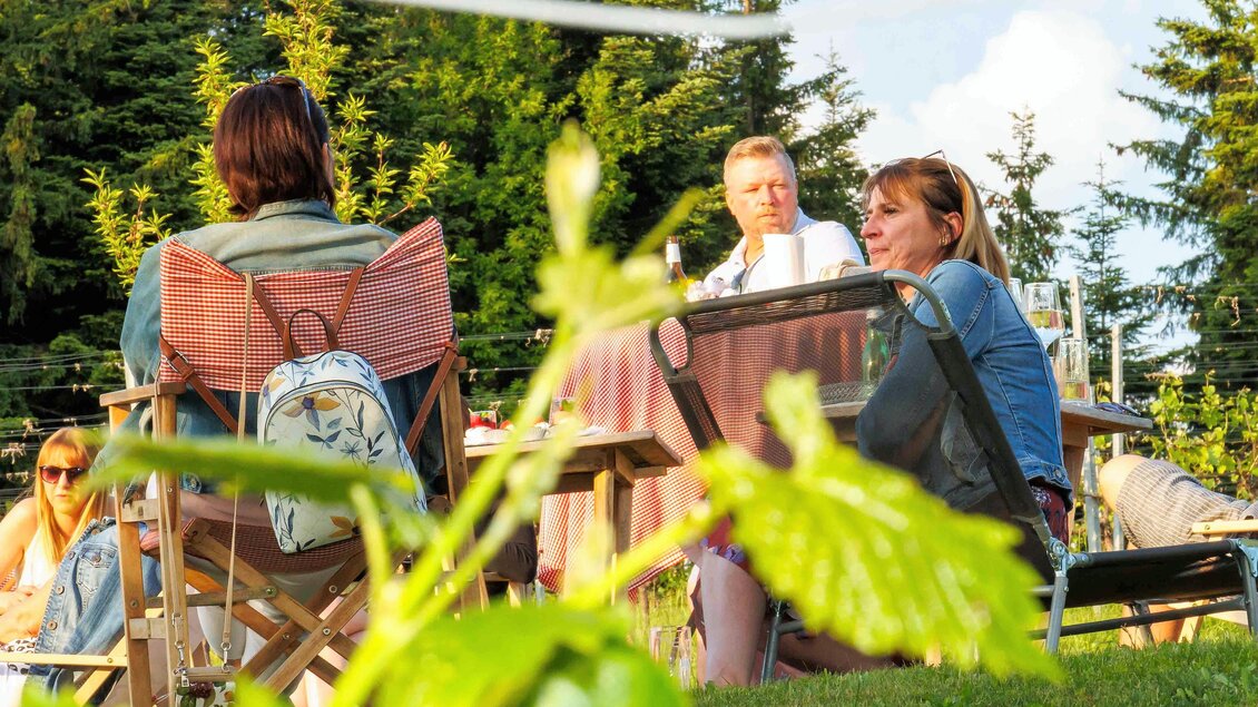 Drei Personen sitzen entspannt im Freien auf Stühlen, umgeben von grünem Gras und Bäumen. Die Stimmung wirkt freundlich und gemütlich.